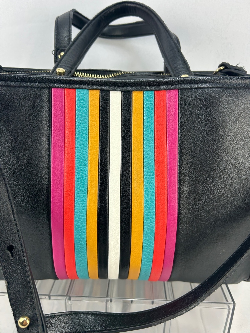 Black Leather Tote with Colorful Stripe Detail